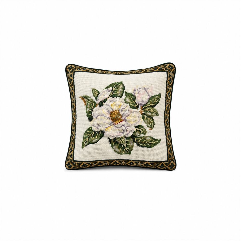 Vintage Floral Needlepoint Tapestry Pillow Green Velvet Back 14x14 Cottage